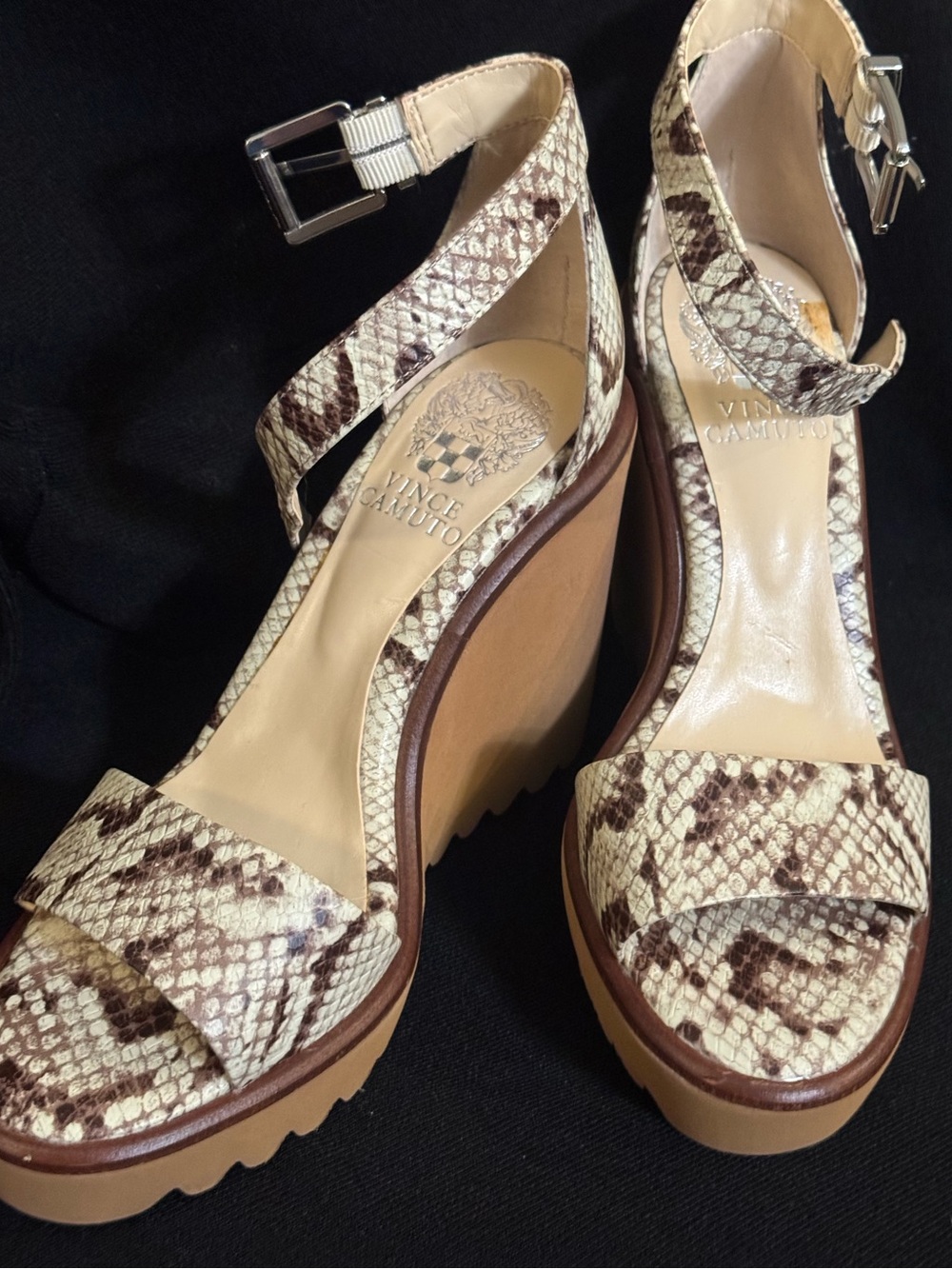 Vince Camuto Cream and Brown Snake-Print Platform Wedge Sandals